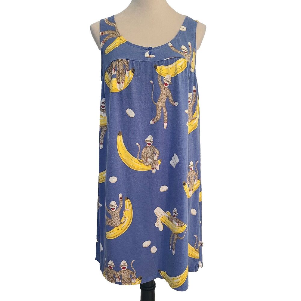 Nick & Nora Blue Sock Monkey Banana Print Nightgown Sz M Y2K Nostalgia Kidcore